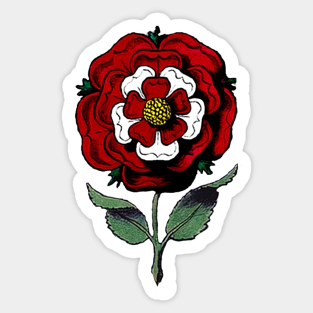 Vintage Tudor Rose on Stem, Red and White Petals Sticker by Pixelchicken